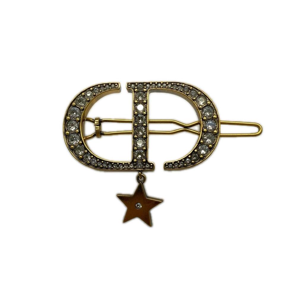 Christian Dior CD Logo Rhinestone Star Barrette Hair Accessory Gold GP Women's